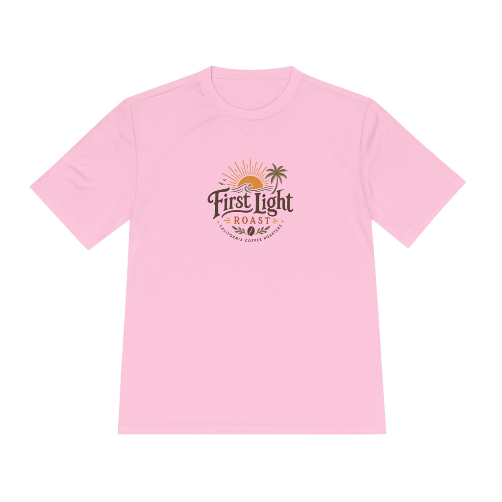 First Light Roast Coffee Tee — Sunrise Logo Moisture-Wicking Shirt
