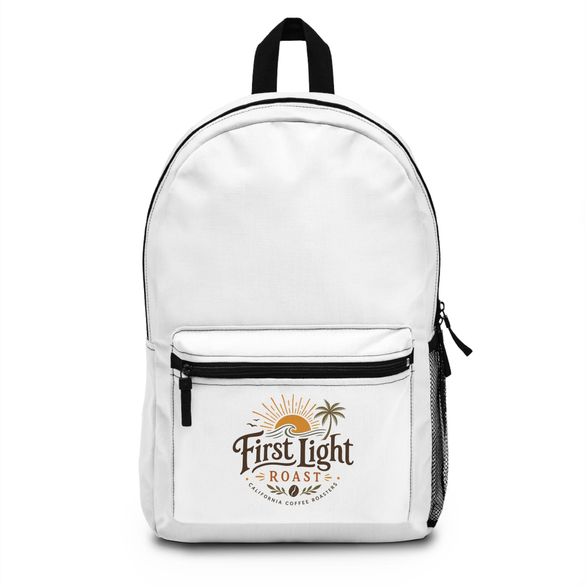 First Light Roast Logo Backpack — Coffee Brand Daypack with Sunrise Palm Design
