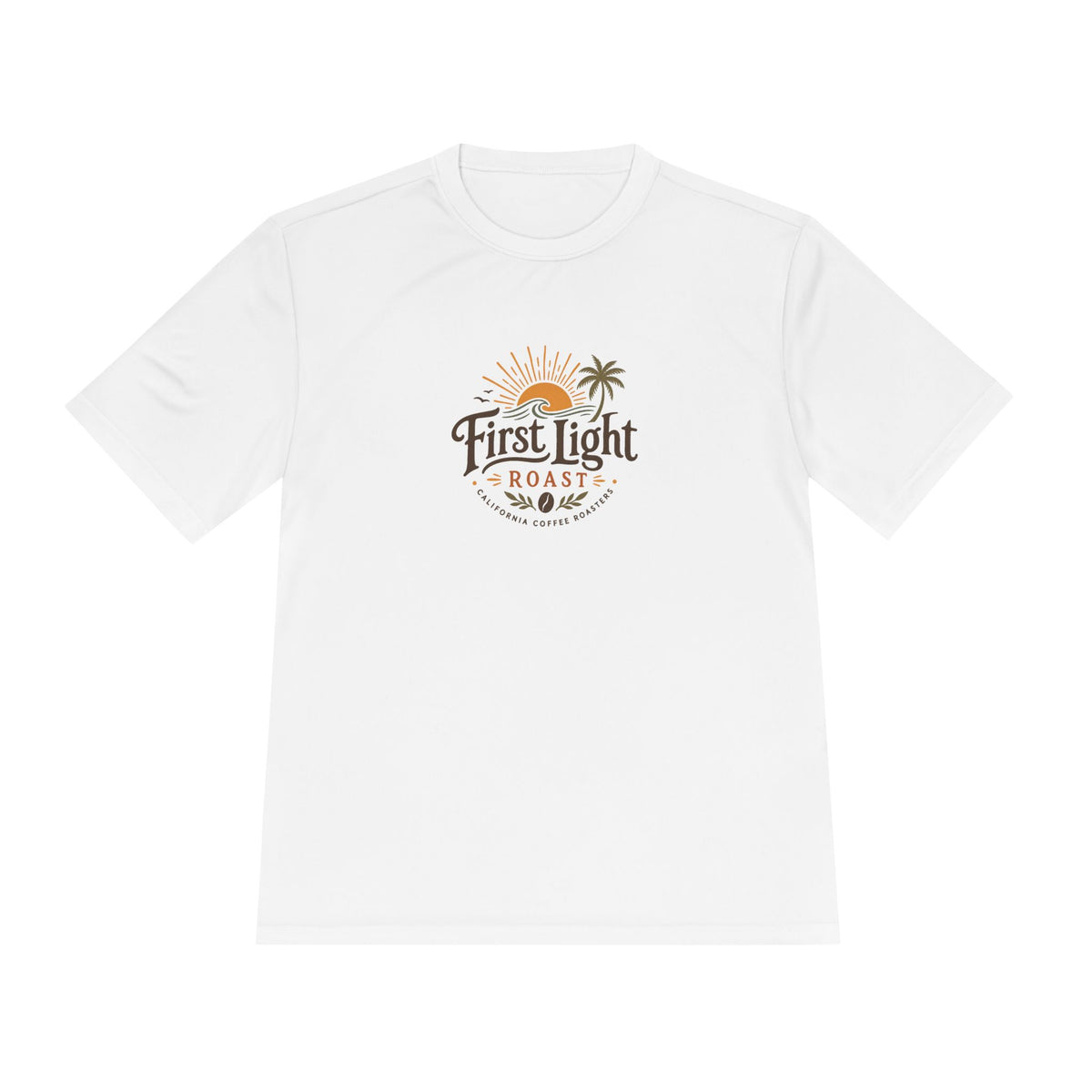 First Light Roast Coffee Tee — Sunrise Logo Moisture-Wicking Shirt
