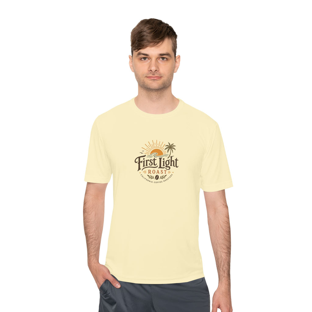 First Light Roast Coffee Tee — Sunrise Logo Moisture-Wicking Shirt