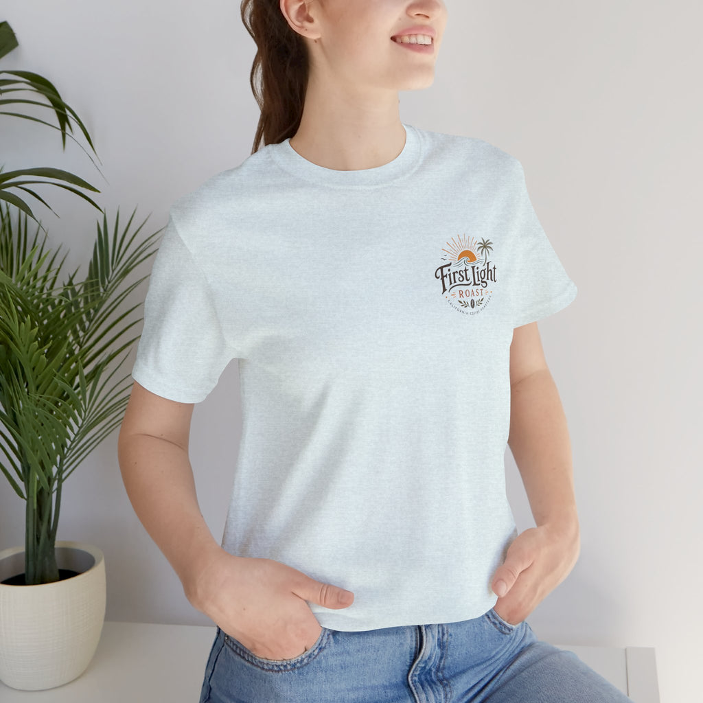 First Light Beach Tee — Retro Sunrise Logo T-Shirt