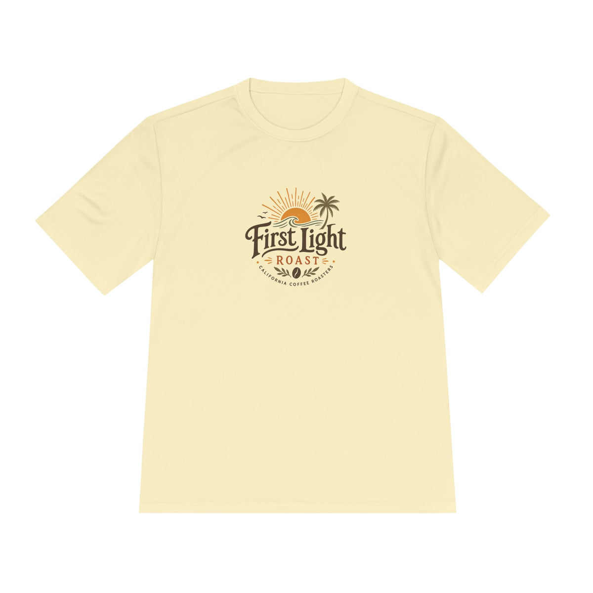 First Light Roast Coffee Tee — Sunrise Logo Moisture-Wicking Shirt