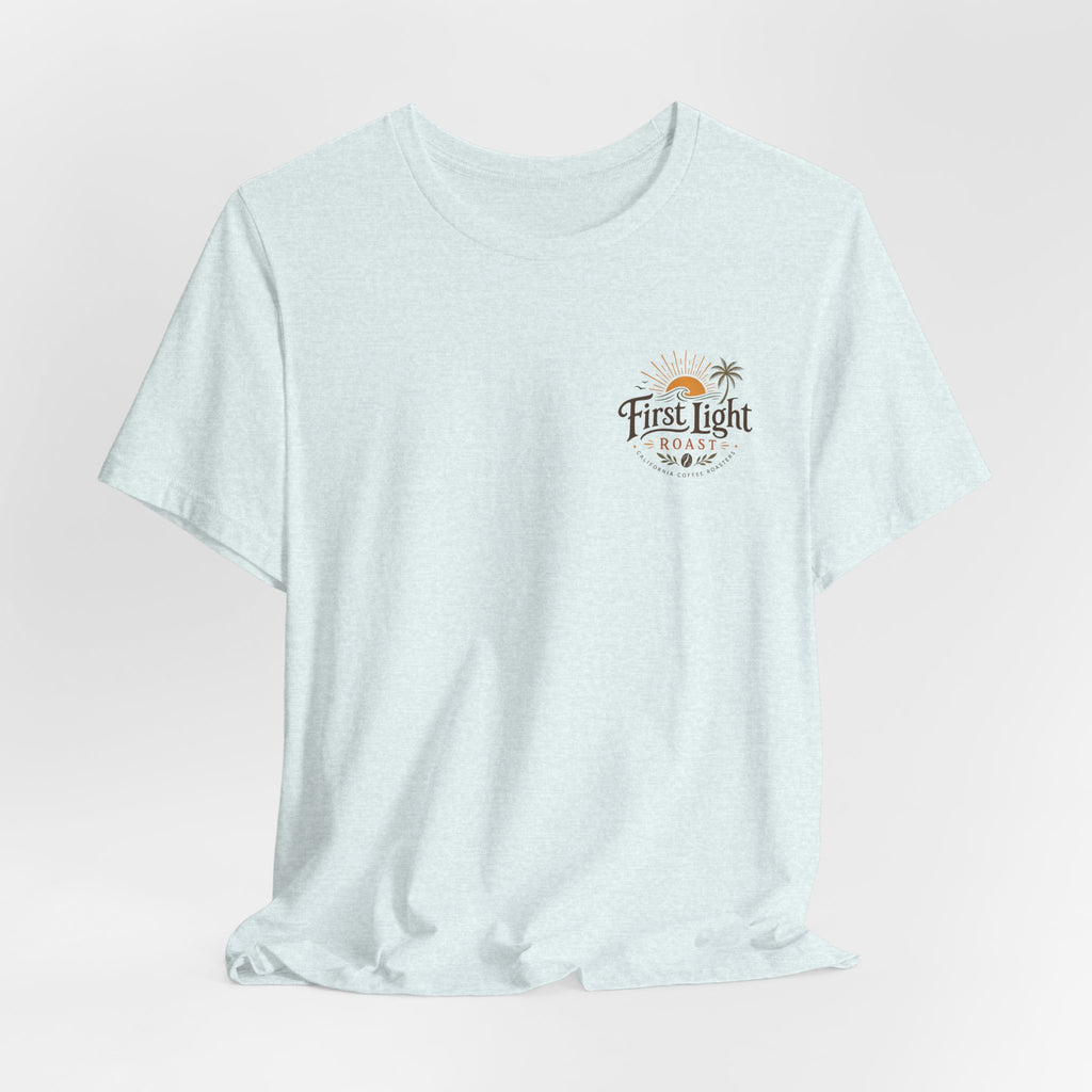 First Light Beach Tee — Retro Sunrise Logo T-Shirt