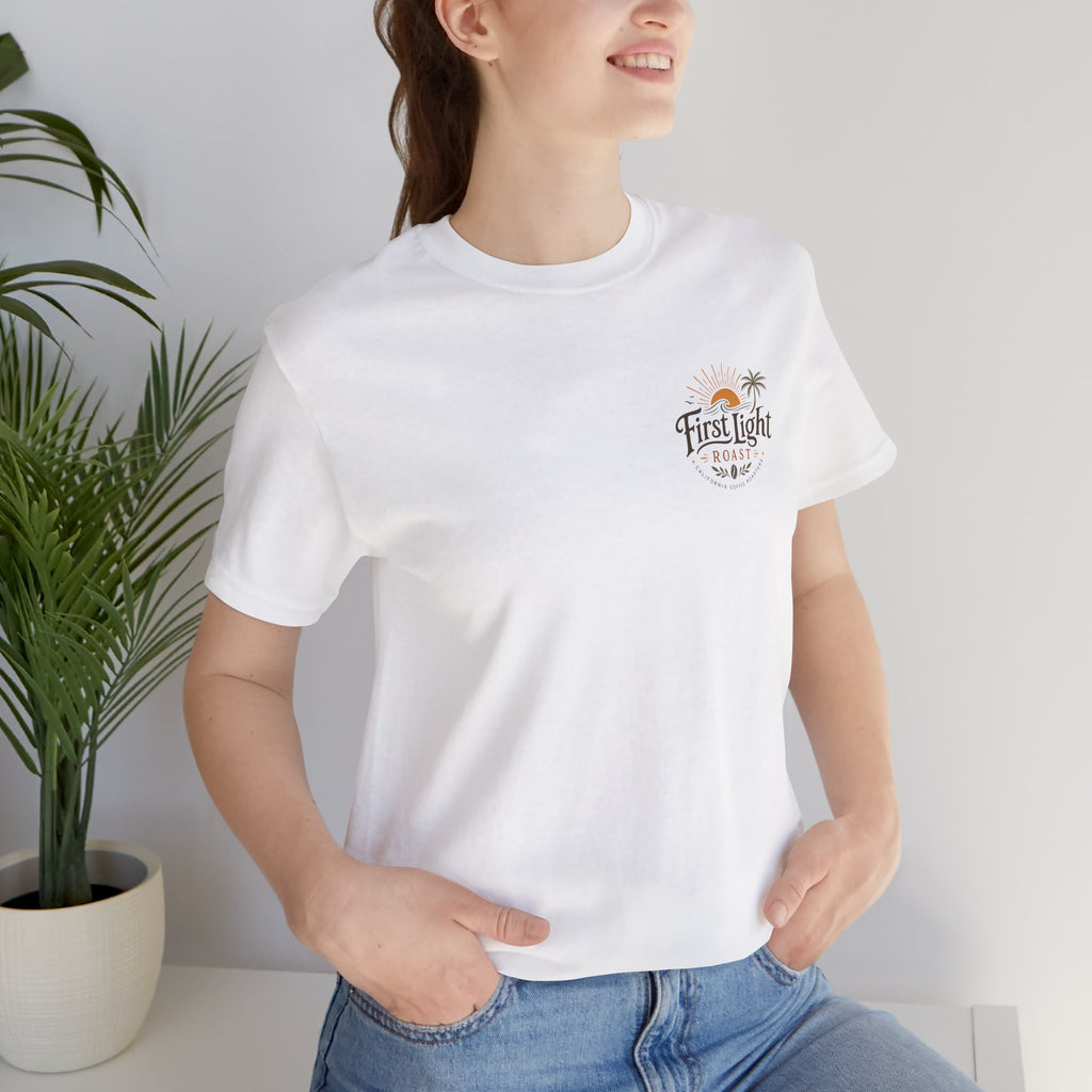 First Light Beach Tee — Retro Sunrise Logo T-Shirt
