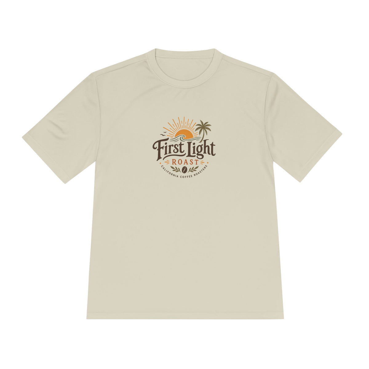 First Light Roast Coffee Tee — Sunrise Logo Moisture-Wicking Shirt
