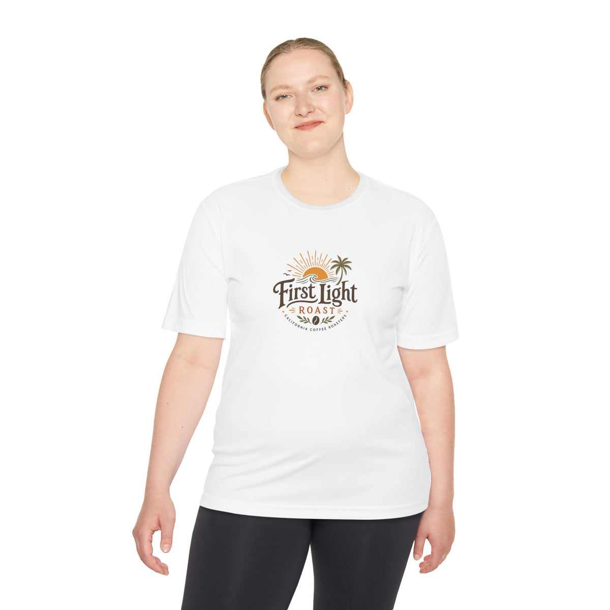 First Light Roast Coffee Tee — Sunrise Logo Moisture-Wicking Shirt