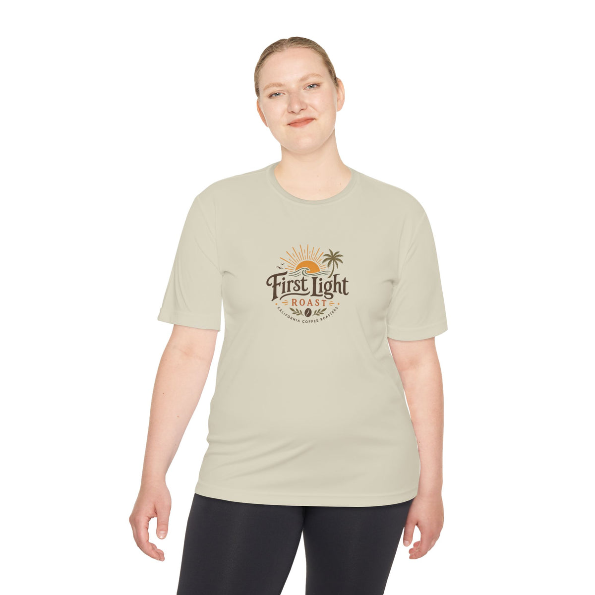 First Light Roast Coffee Tee — Sunrise Logo Moisture-Wicking Shirt